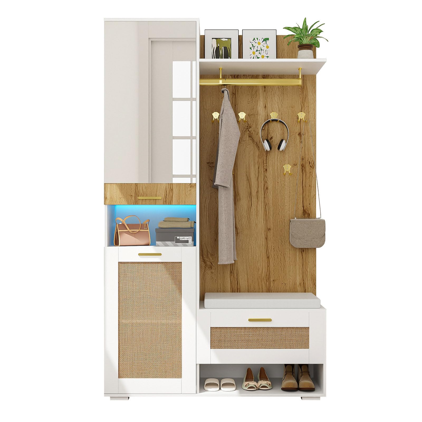 Billg Juego de Muebles de Entrada 8 en 1, Juego de Perchero, Recibidores de Entrada con Espejo, Luces LED, Armario, Zapatero, Taburete para Zapatos, Cajones Abiertos, Estanterías y Percheros, Madera