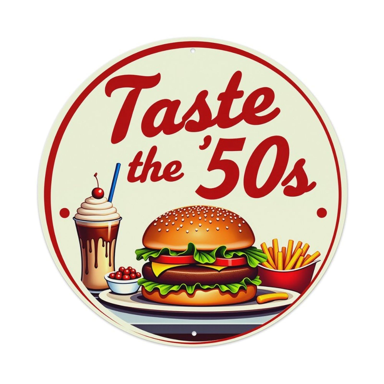 Retro Burger Milkshake Fries Cherry Round Tin Sign Vintage Metal Sign Home Bar Garden Indoor & Outdoor Wall Decor Retro Metal Poster 8x8 Inch