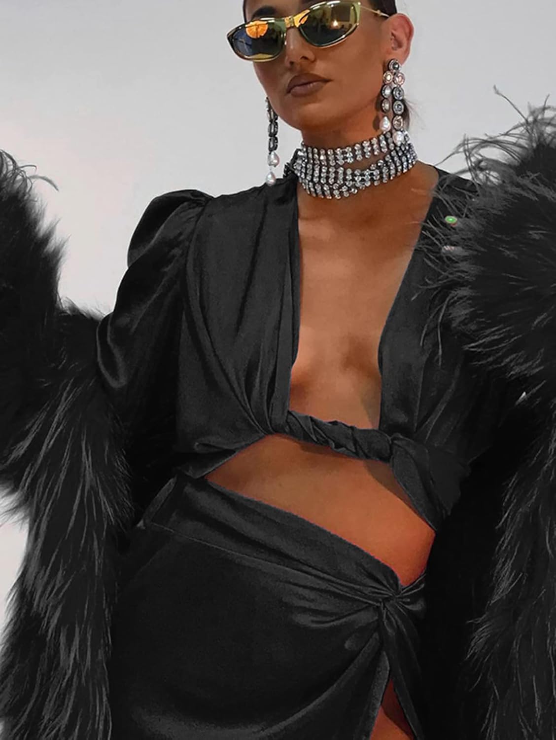 Zoyami Womens Long Sleeve Feather Crop Top Puff Sleeve Tie Back Stain Blouse - Image 3