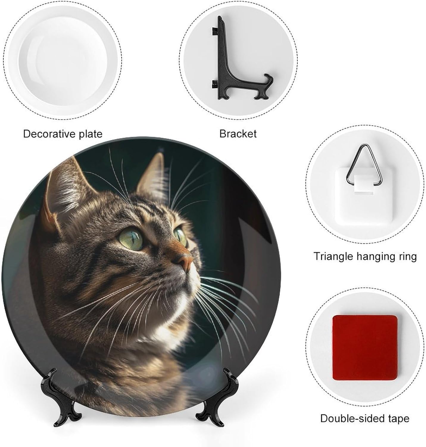 Tabby Cat Pictures Ceramic Plate 10inch Decorative Bone China Wall Hanging Ornament Plates Bohemian Style Dinner Plate with Display Stand Cabinet Display Plates for Home Art Decor