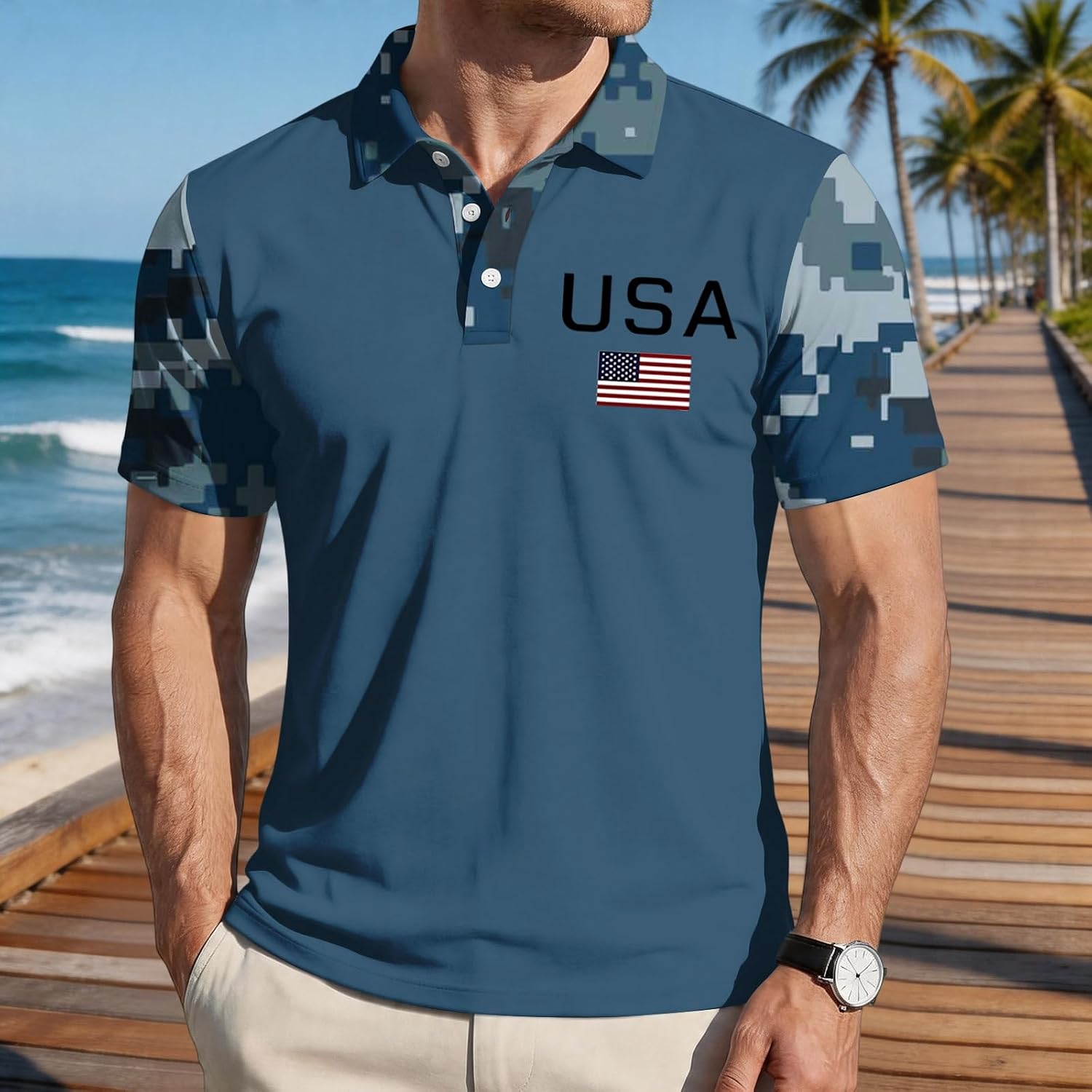 Ymosrh Men's Breeze Polo Shirt Short Sleeve 250Th Anniversary USA Flag Print Summer Patriotic Golf Shirts, S-4XL