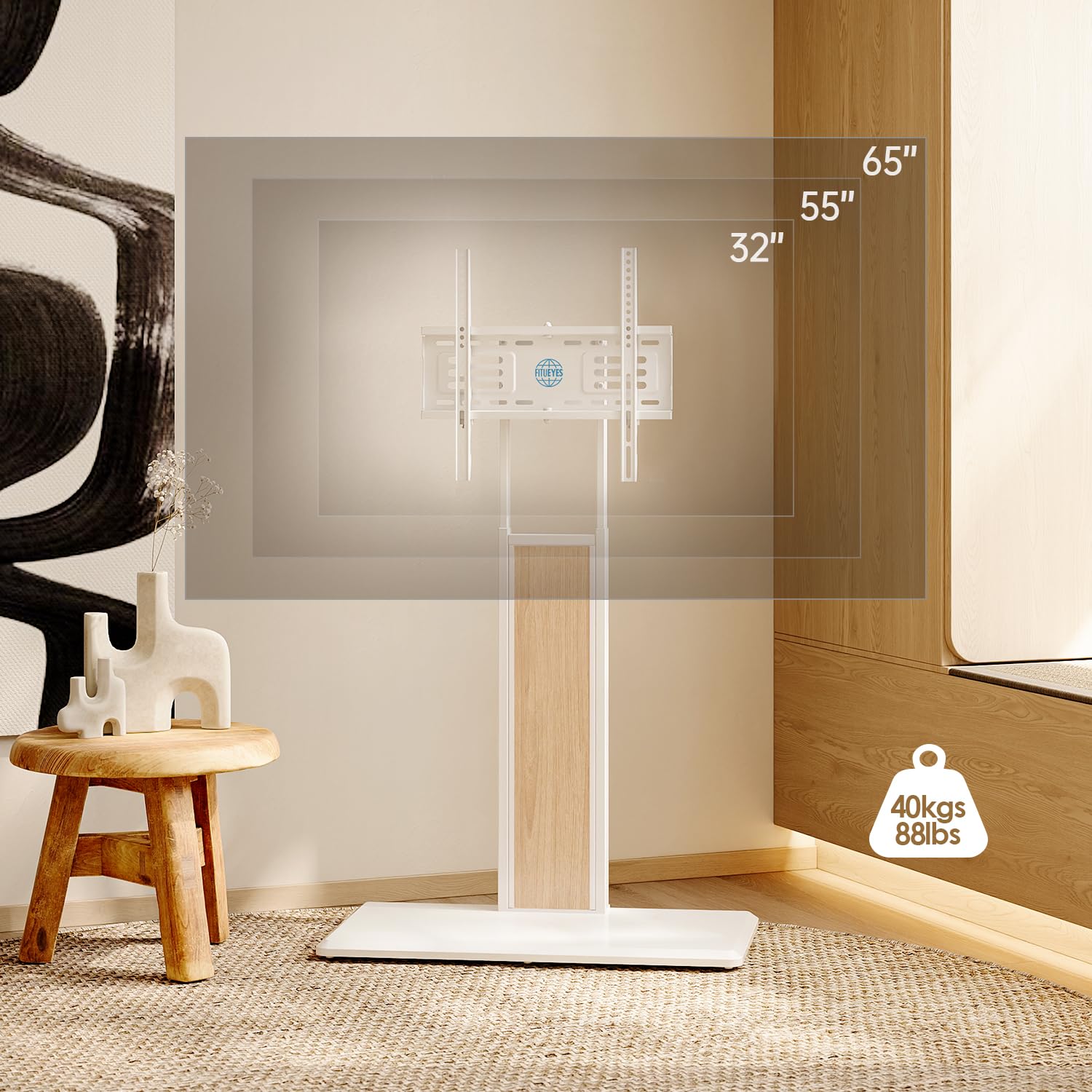 FITUEYES Support TV sur Pied pour Téléviseurs de 32 à 65 Pouces Pied pour TV Pivotant 40° Hauteur Réglable 886 MM - 1146 MM Max. Charge 40KG VESA 100×100 MM – 400×400 MM Montage au Sol