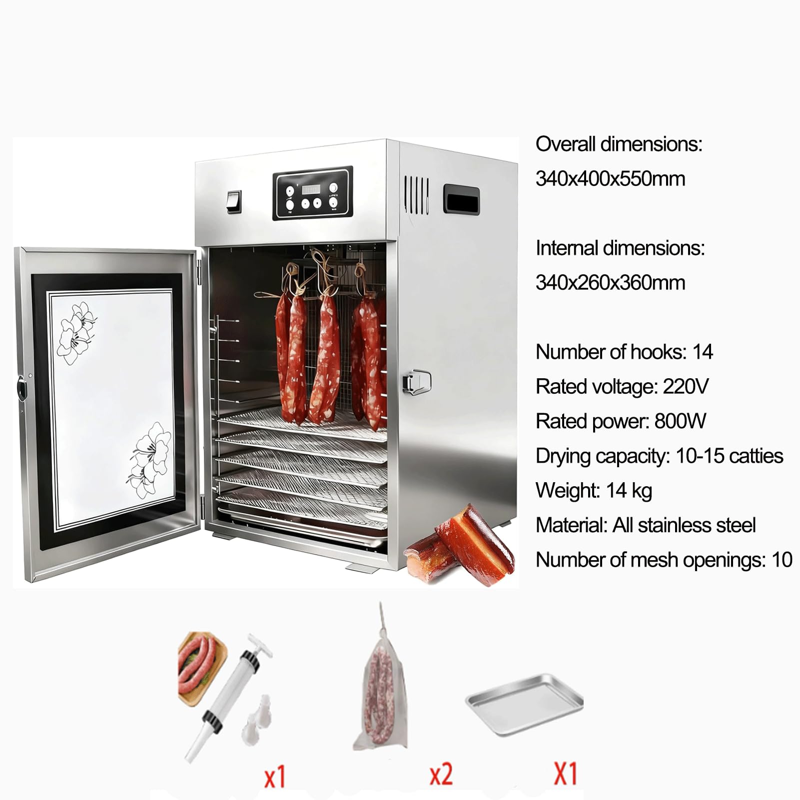 Profesjonalna suszarka do mięsa 800 W, duża pojemność 7,5 kg, obrotowa szafka 360°, sterowanie 30-90°C, 14 haczyków ze stali nierdzewnej, do kiełbasy, szarpnięcia, szynki, ryb, owoców