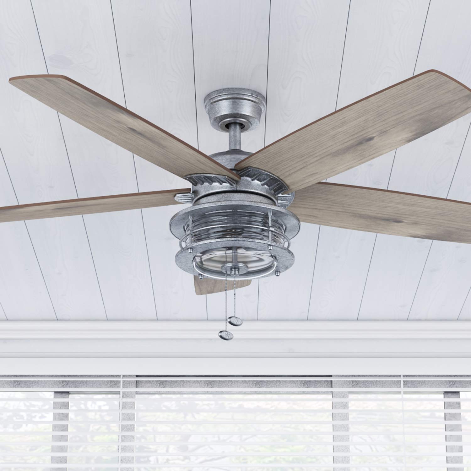 Honeywell Ceiling Fans Foxhaven, 52 Inch Farmhouse Indoor Outdoor Ceiling Fan with Light, Pull Chain, Dual Mounting Options, Dual Finish Blades, Reversible Motor - 51631-01 (Galvanized) SIMILAR TO LOT PHOTO
