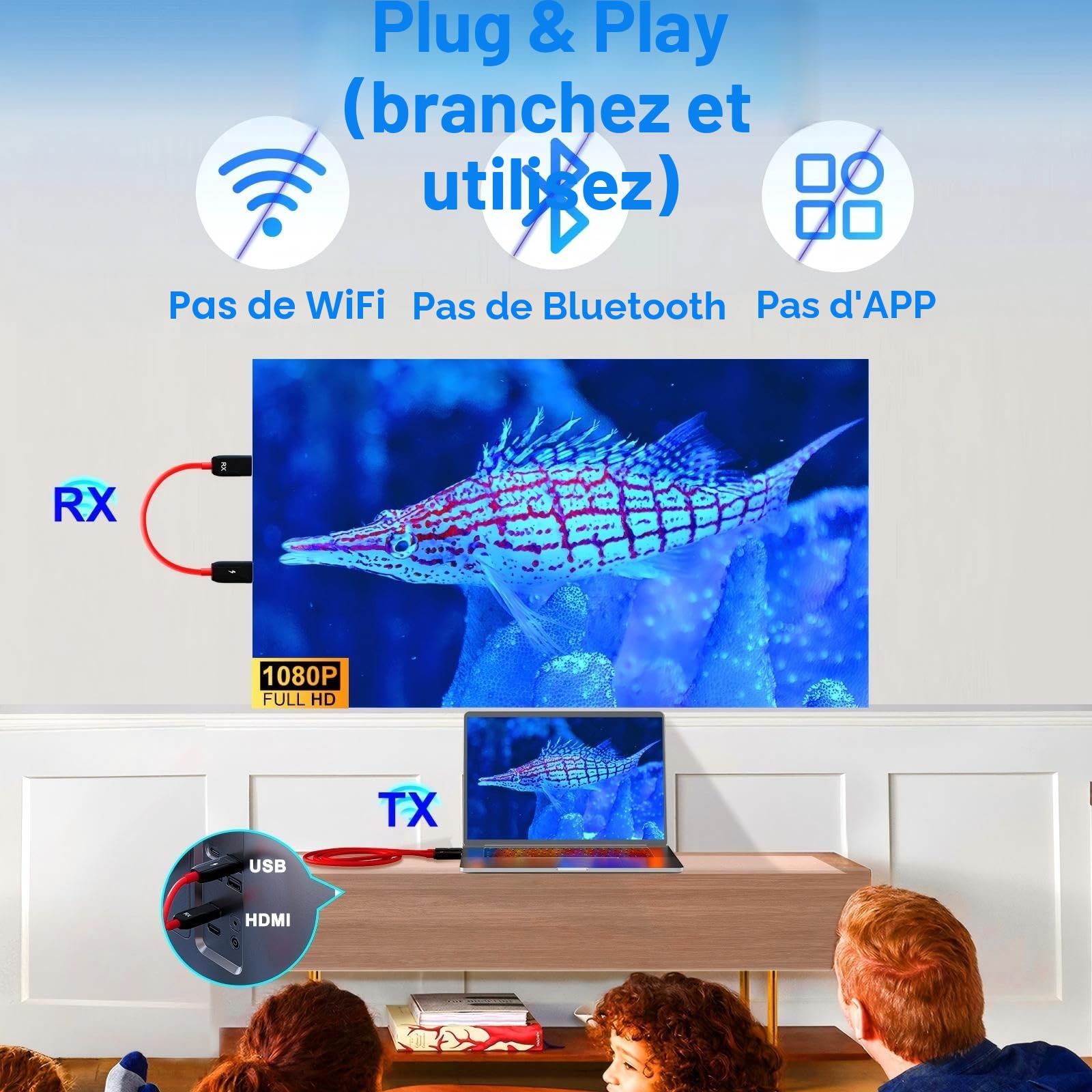 LXJADAP HDMI sans Fil, décodage 4K 1080P Émetteur et récepteur HDMI sans Fil pour Le Streaming de fichiers vidéo et Audio d'un Ordinateur Portable ou d'un PC vers Une TV HD ou Un projecteur, Rouge
