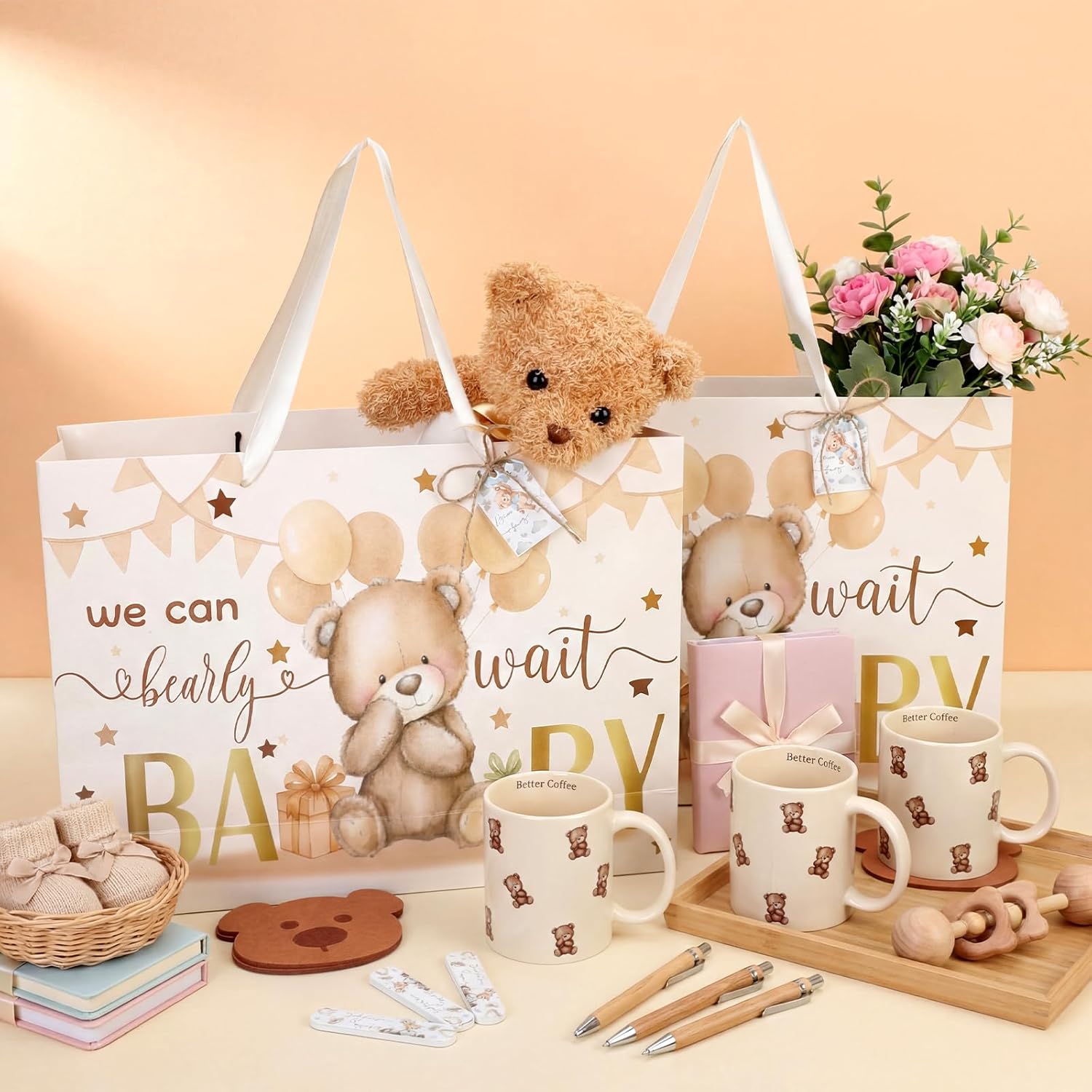 40 Pcs We Can Bearly Wait Baby Shower Blindfolded Diaper Changing Games Prize Gifts Bulk Bear Plush Lip Balm Hand Cream Nail File Cup for Baby Shower Gender Reveal Raffle Party Game