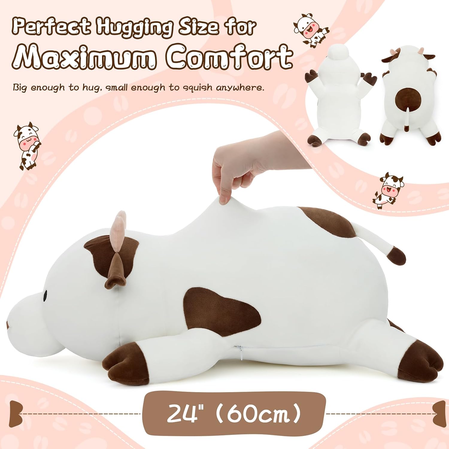 Tezituor Large Cow Plush Pillow,24" Soft Cow Stuffed Animal Hugging Pillow Squishy Cute Cow Toys for Kids Adults Christmas Birthday Gifts Bed Decor
