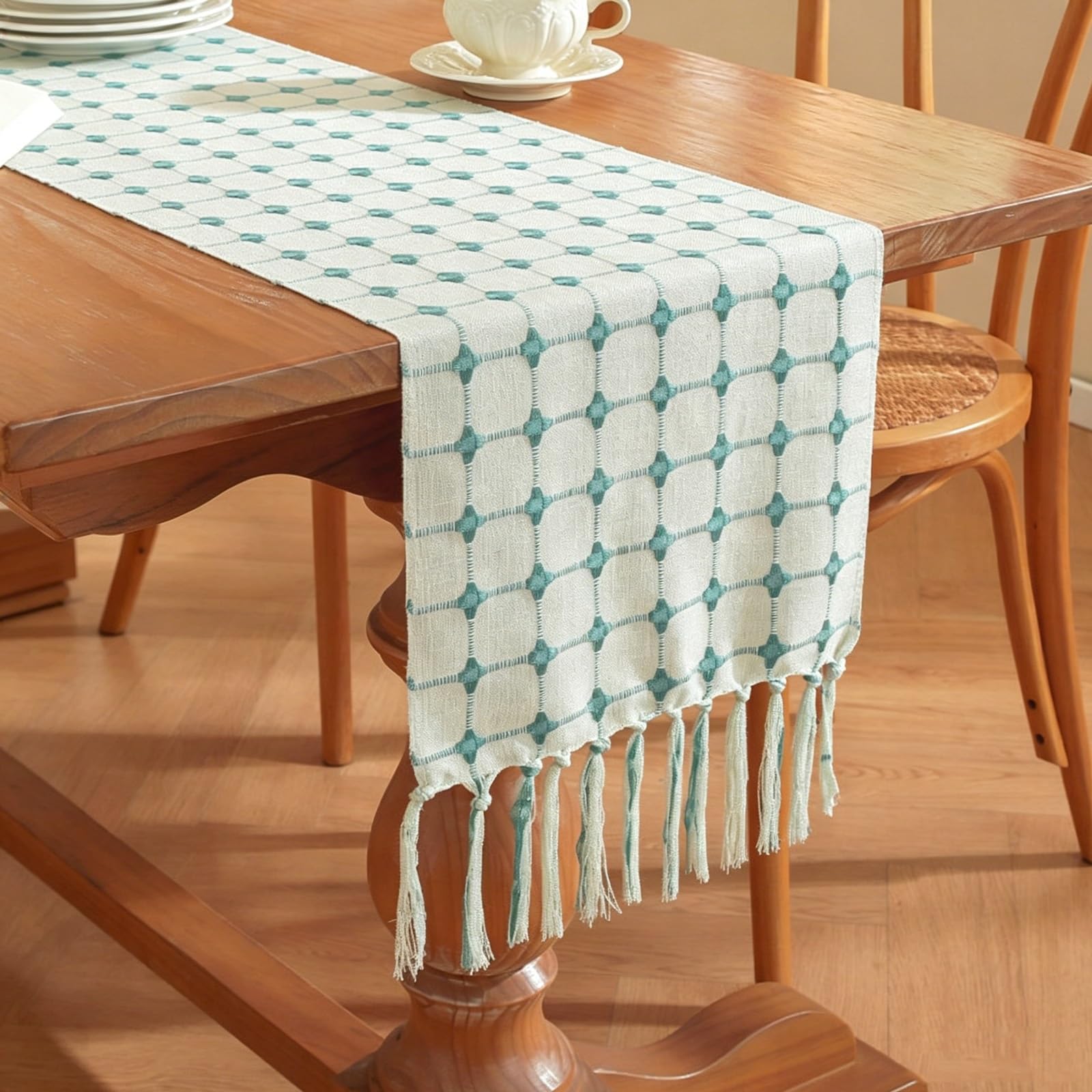 Cotton-Linen Blend Grid Plaid Table Runner With Hand-Torn Tassels,Fresh Home Decor Table Runner, for Dining, Coffee, Sideboards & Storage Cabinets(Light Blue,160cm/62.9in)