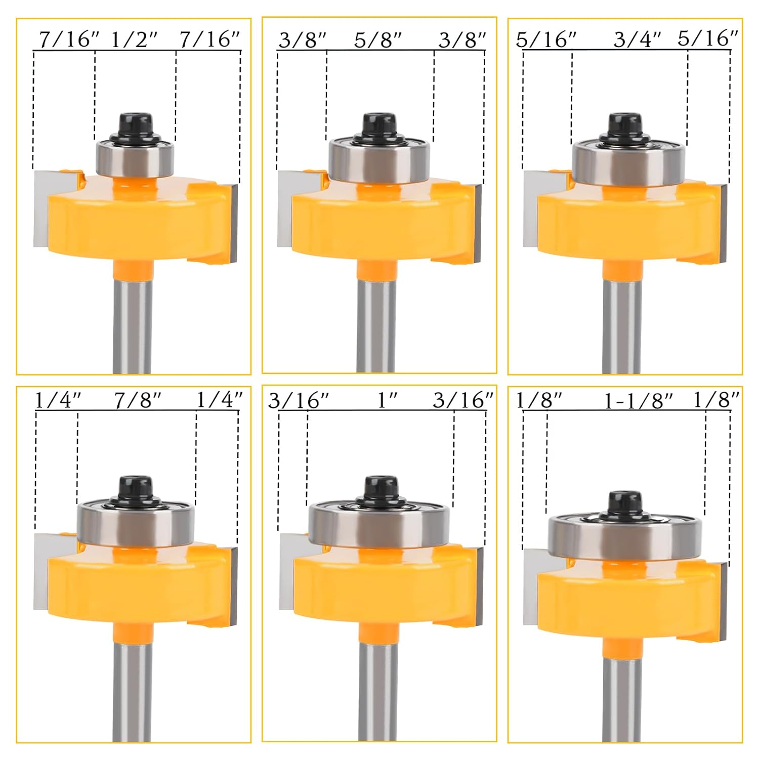 Rabbeting Router Bit Set with 6 Bearings, 1/4-Inch Shank, 4Pcs Bits (1/8"，3/8" to 1/2" Height) for Woodworking, Rabbet, Biscuit Joiner & Slot Cutting，Bearings with 1/2" to 1/4" Router Collett