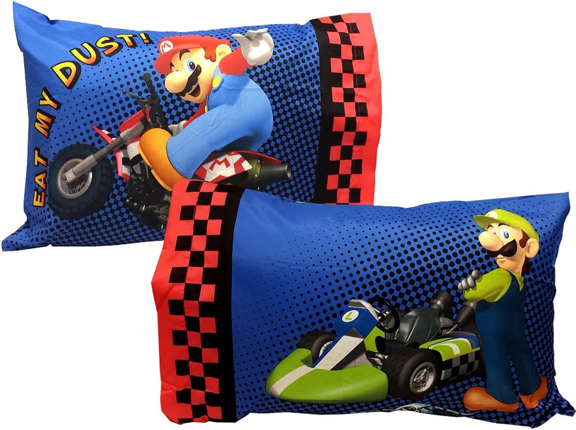 Super Mario Kart Set of 2 Pillowcases - Nintendo Race Bedding Pillows
