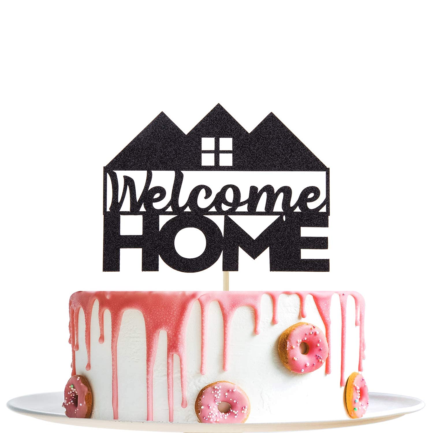 FestikoBlack Glitter Welcome Home Cake Topper - New Home/New Baby/Housewarming/Retiring from the Army/Return from Maternity/Family Party Decoration Supplies