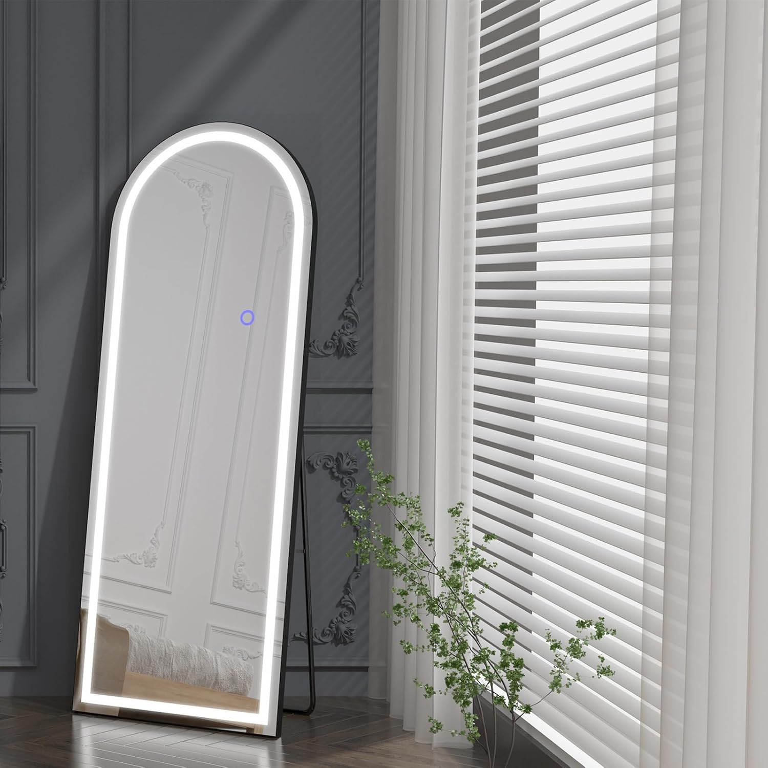 Arched Led Full Body Floor Mirror, Enhanced Illumination, Adjustable Brightness & Color, Versatile Mounting, Aluminum Frame, 3 Color Lights, Black, 60" x 20 Black Led Arched 63"L x 20"W