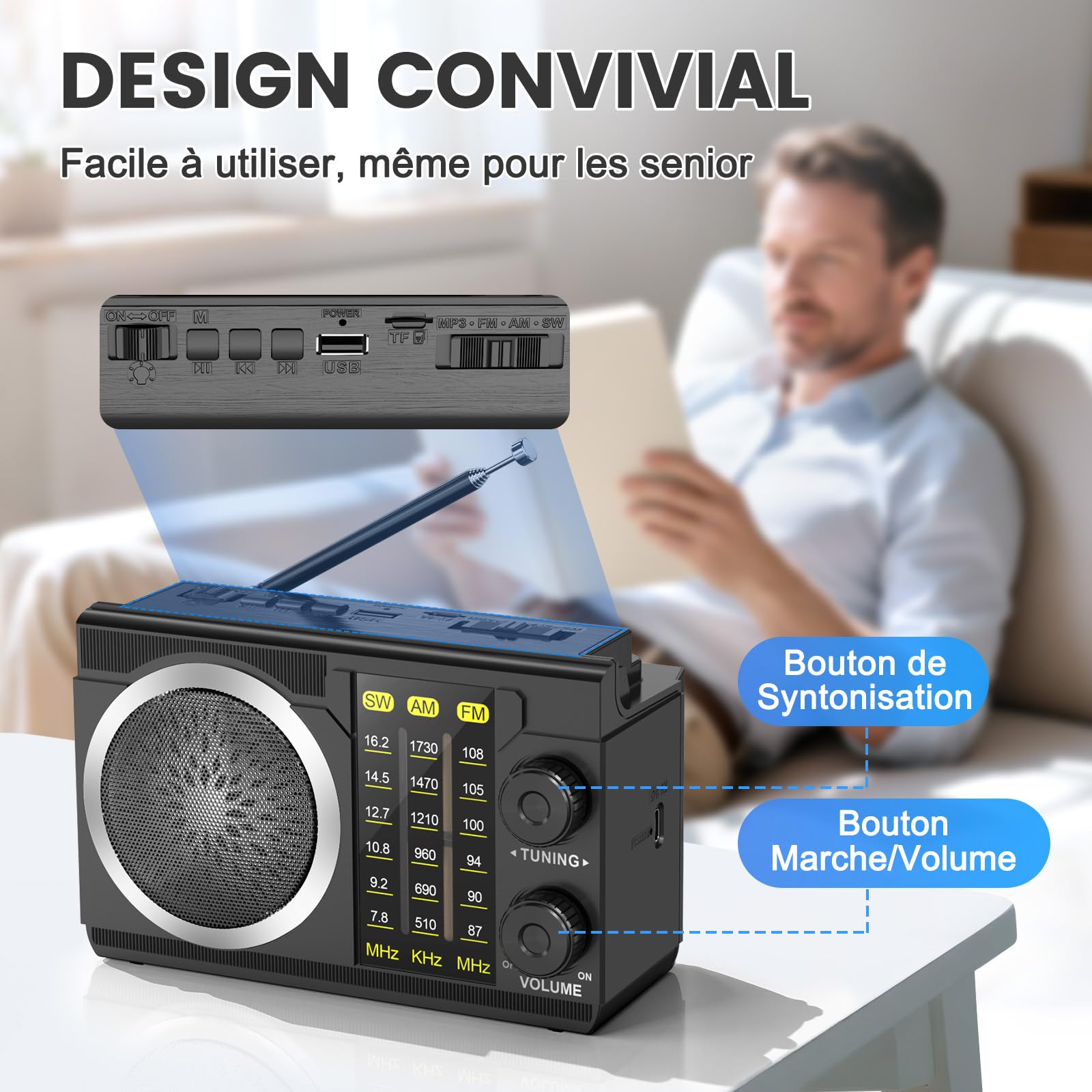 PRUNUS J-135 AM/FM Poste Radio Portable Rechargeable avec 1800 mAh, Secteur et Pile, Transistor Radio Bluetooth 6.0, Poignée de Transport Rabattable, Essentiel à la Survie, pour Camping, Chambre