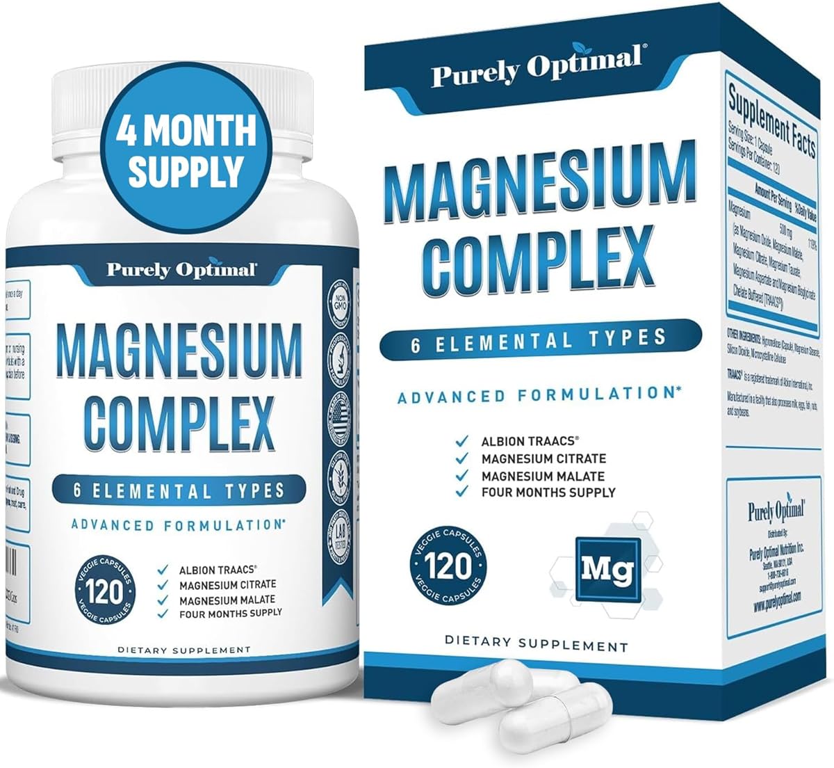 Purely Optimal Magnesium Complex - 6 Forms Magnesium Glycinate, Citrate & Malate - Sleep Support, Stress Relief, Muscles, Heart Health & Relaxation - Magnesium Supplement for Women & Men, 120 Caps