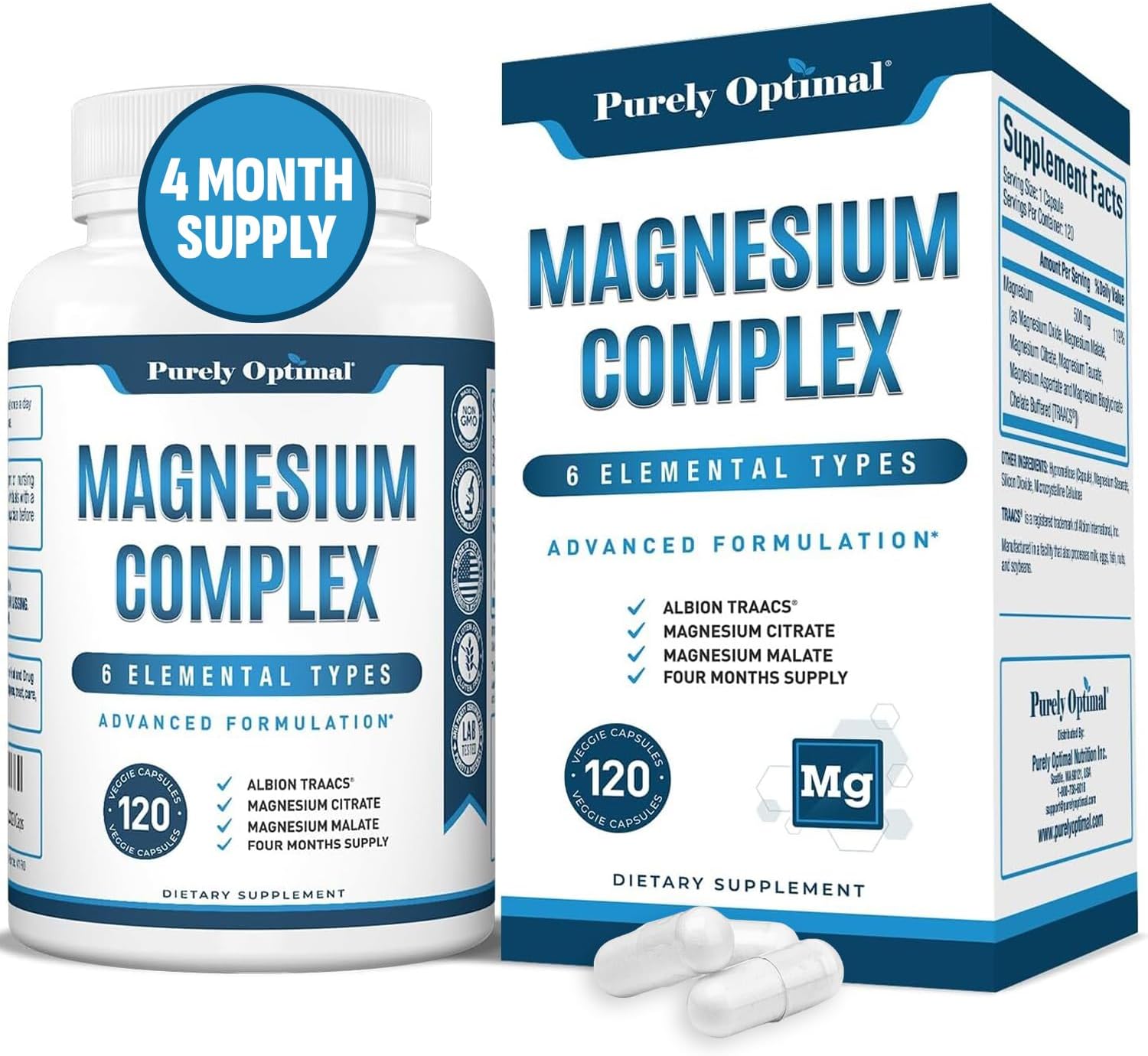 Magnesium Complex - 6 Forms Magnesium Glycinate, Citrate & Malate - Sleep Support, Stress Relief, Muscles, Heart Health & Relaxation - Magnesium Supplement for Women & Men, 120 Caps