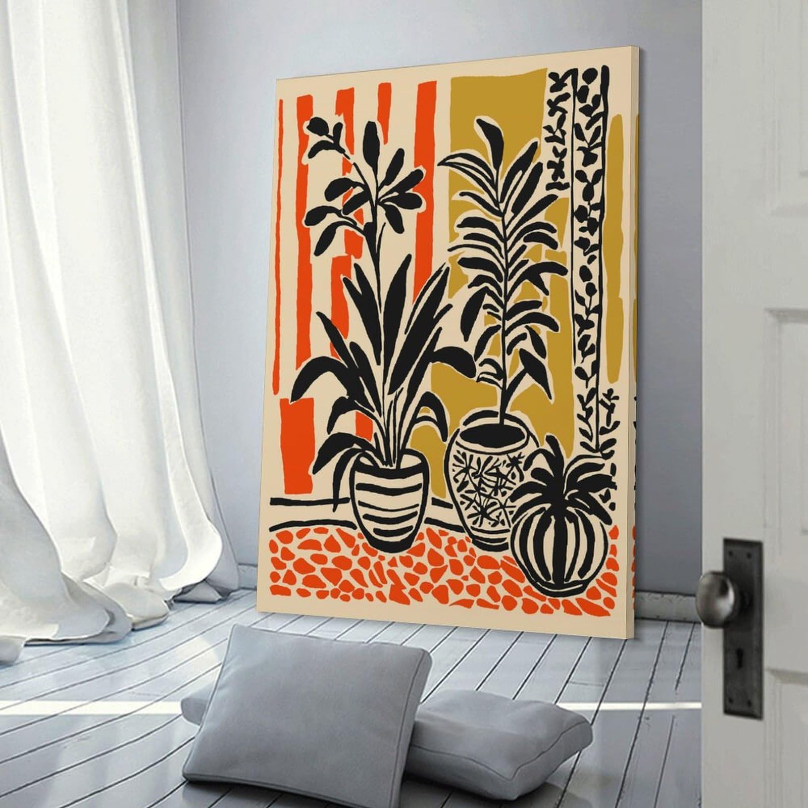Junmoney Potted Plants with Striped Background Canvas Wall Art 16x24inch(40x60cm), for Home Lounge, Bedroom Or Reading Nook, Eye Catching Artwork for Blank Walls