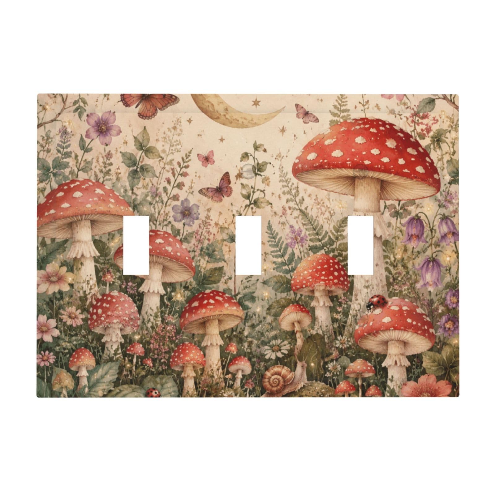 Dwbguo Decorative Light Switch Plate Covers Watercolor Mushroom & Moon 3 Gang Artistic Wall Plate Unique Vintage Butterfly Floral Triple Toggle Light Switch Covers for Bedroom Bathroom Decor