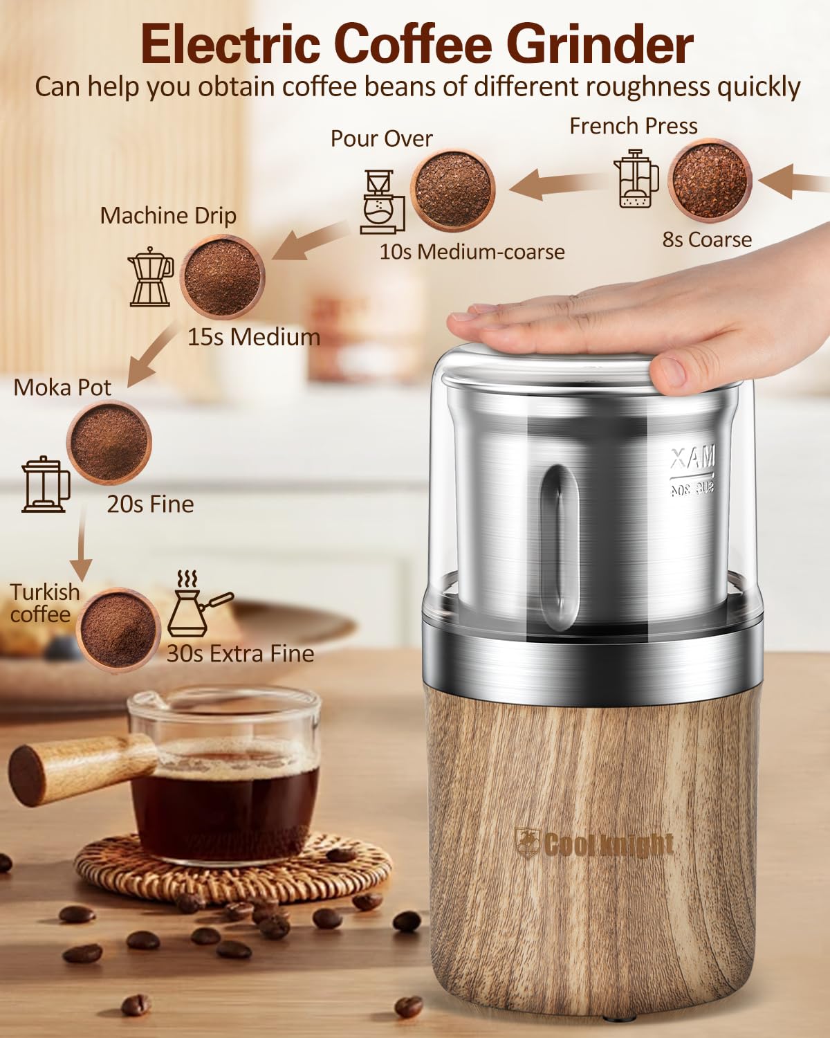 COOL KNIGHT Macina Caffe' Elettrico, Macinacaffè Elettrico Con Cucchiaino Per Caffè E 1 Tazza Di Macinatura In Acciaio Inossidabile. Capacità Di 100g, Adatto Per Spezie, Chicchi Di Caffè, Noci, Ecc.