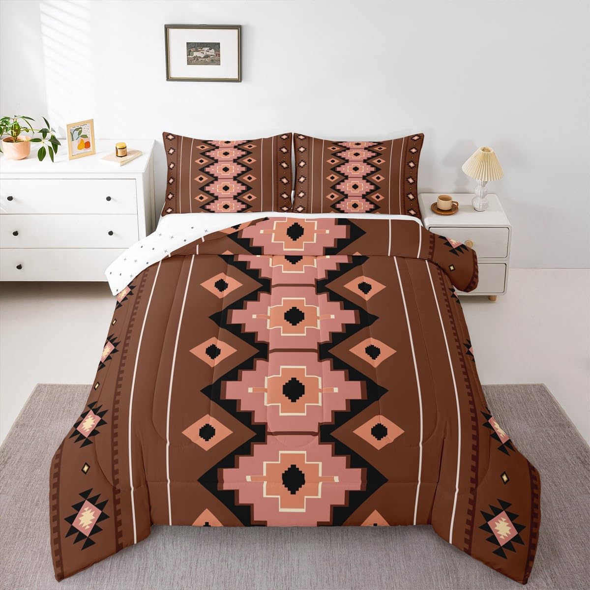 Feelyou Boho Aztec Comforter Set All Season West Bedding Set with 1 Pillow Cases Brown Pink Microfiber Kids Toddler Bedclothes Western Bedroom Decor Duvet Quilt Breathable Soft Lightweight
