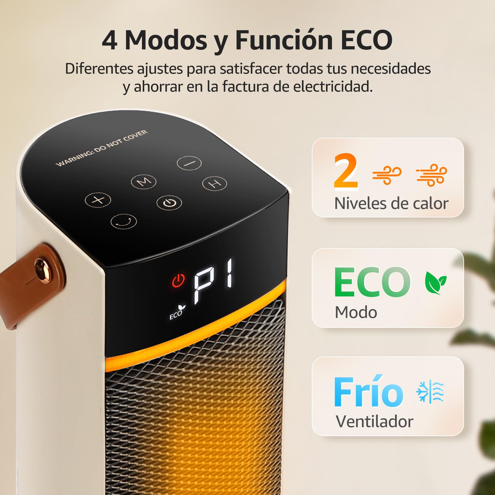 Aigostar Calefactor Cerámico con Luz Nocturna, Mando a Distancia y Pantalla Táctil LED, 2000W, Función ECO, 4 Modos, Silencioso, Temporizador 24H, Temperatura Ajustable 5-35°C, Oscilación y Asa