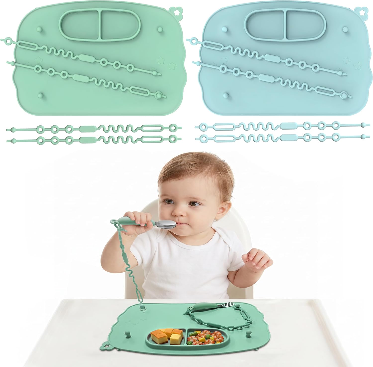 Baby Placemats for Weaning Babies - 2 Silicone Toddler Placemat with 4 Strong Suction Cups & 8 Stretchable Straps | BPA-Free Baby Table Mat for Restaurants, Dining Table & Toddler Mealtime
