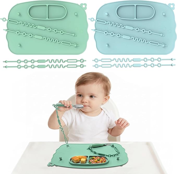 Baby Placemats for Weaning Babies - 2 Silicone Toddler Placemat with 4 Strong Suction Cups & 8 Stretchable Straps | BPA-Free Baby Table Mat for Restaurants, Dining Table & Toddler Mealtime