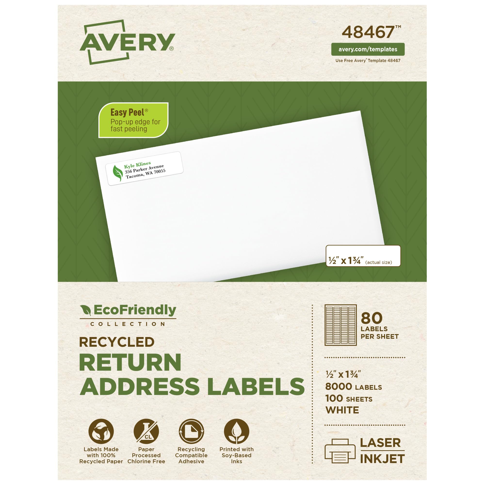 Avery® EcoFriendly Recycled Return Address Labels, 1/2" x 1-3/4", White, Permanent Label Adhesive, 8,000 Printable Labels (48467)