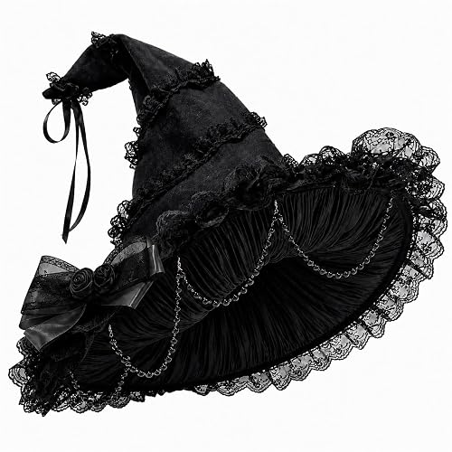 Halloween Pointed Witch Hat Gothic Ruffled Lace Trim Wide Brim Wizard Cap | Halloween Party Masquerade Cosplay Costumes, Soft And Breathable Fabric, Adult Mesh Lace Big Bow Flowers Holiday Headwear - Black - One Size