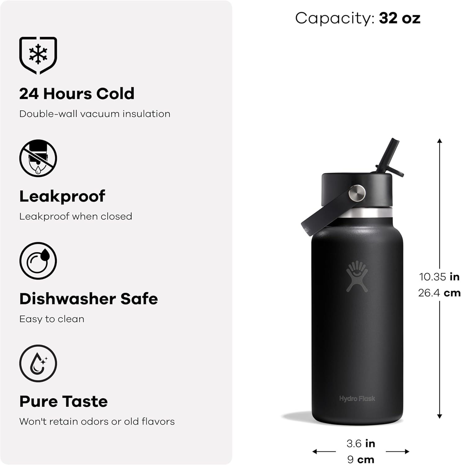 Hydro Flask Water Bottle - Insulated Stainless Steel - Wide Mouth Flex Straw Lid, Non Spill, Leakproof and Refillable in 32 Oz Tonal White