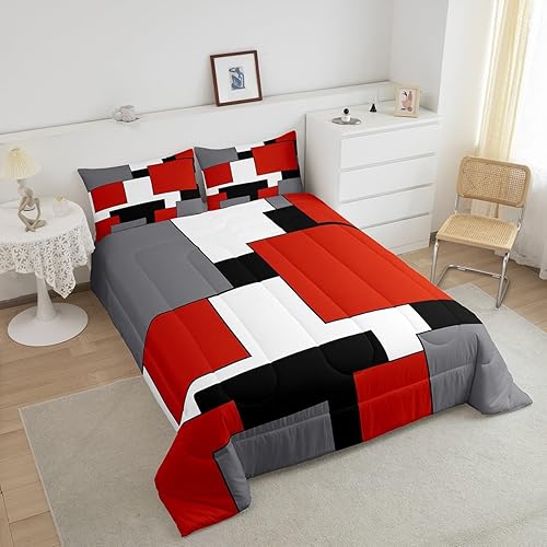 Miniatura 3 de Erosebridal Juego de ropa de cama de color rojo, gris, blanco y negro, juego de edredón geométrico cuadrado para adolescentes, tamaño King, edredón