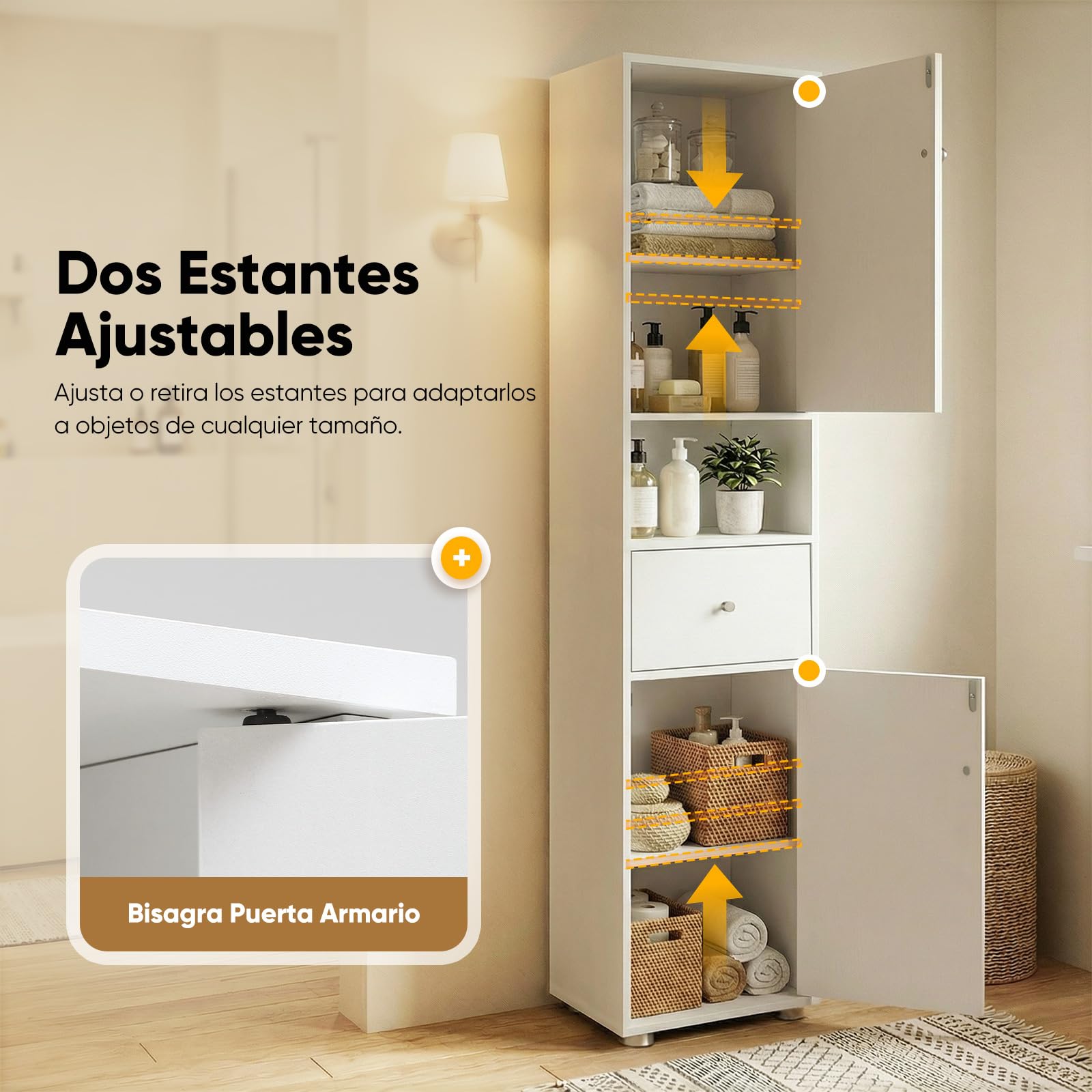 HOKEEPER Armario Estrecho y Alto para Baño, Mueble Baño Independiente con Cajón y Estanterías Ajustables