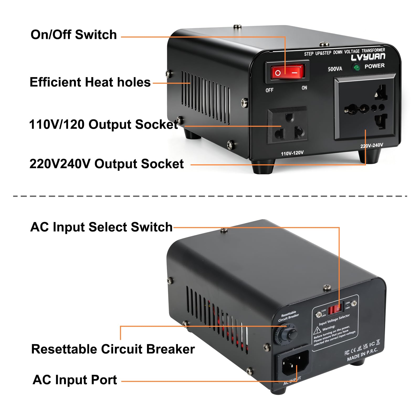 Cantonape Trasformatore 500 W da 230 V a 110 V, USA, trasformatore a nucleo ad anello 500 VA Pro – In: 110 V o 220 V/Out: 110 V e 220 V
