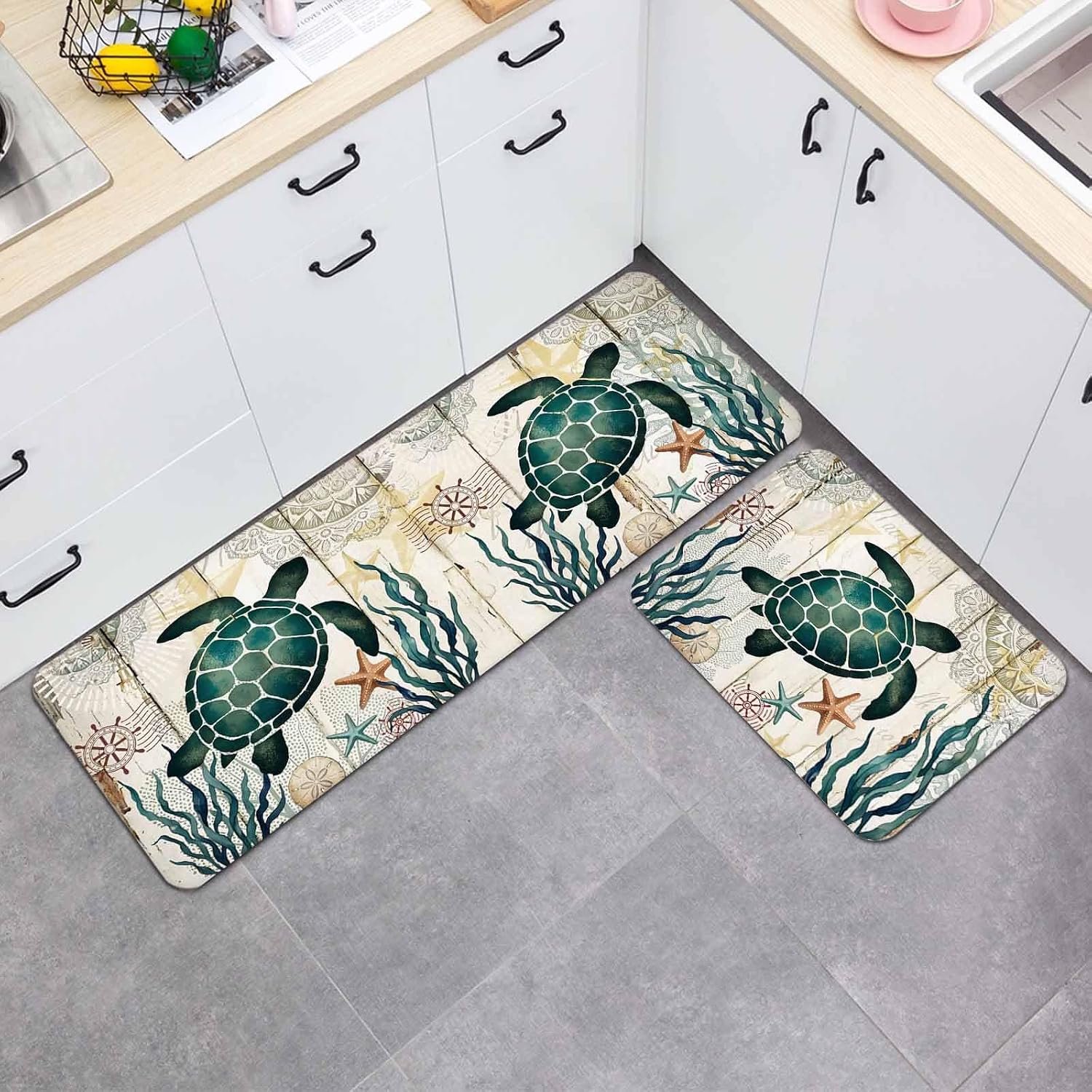 Sea Turtle Kitchen Mat Set 2 Pieces Summer Green Seaweed Starfish Mandalas Retro Wood Grain Non Slip Kitchen Rugs Washable Runner Rug Mats for Floor Sink Laundry Office 15.7" x 23.6"+15.7" x 47.2"