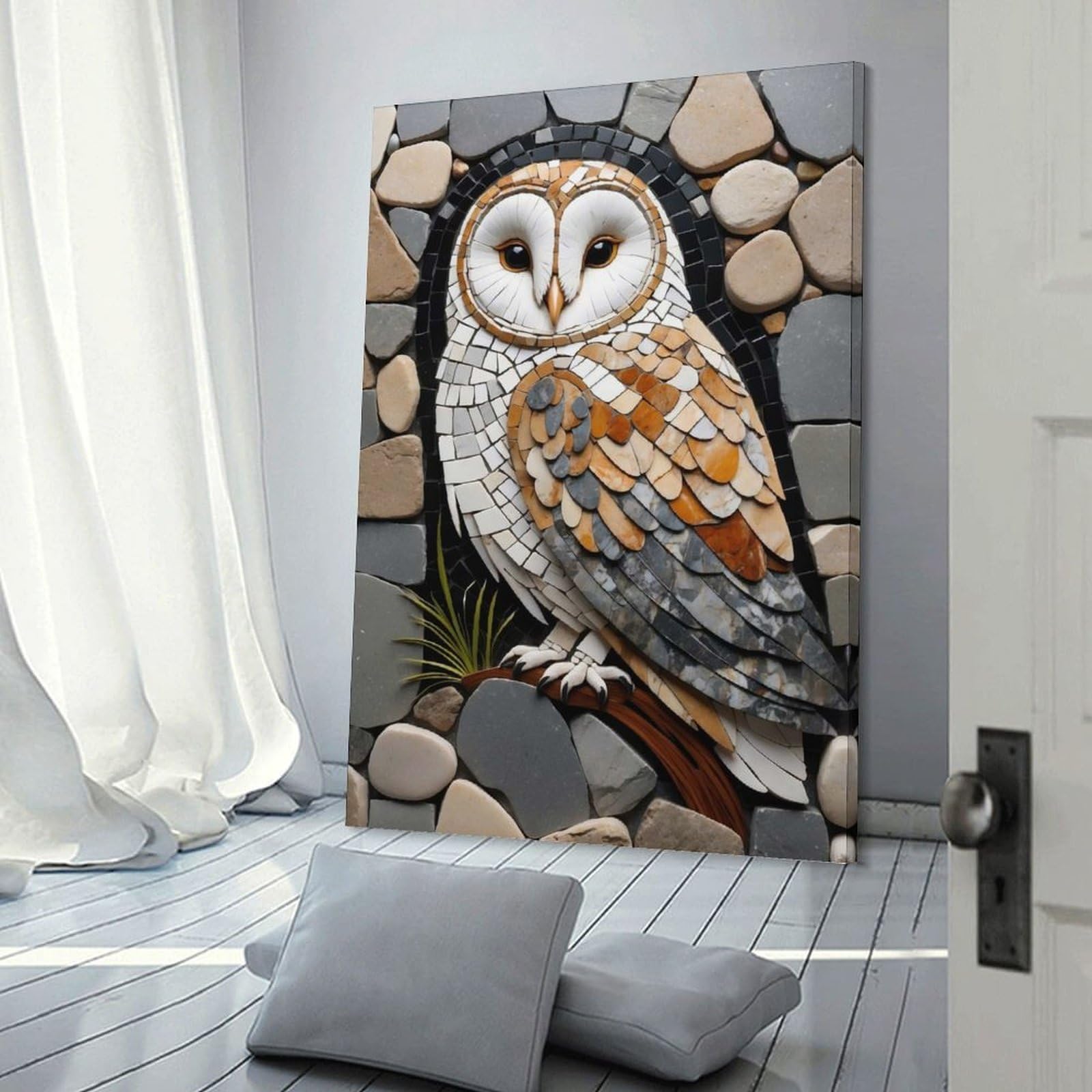 Junmoney Stone Mosaic Owl Art Wall Picture Print 24x36inch(60x90cm), for Lounge Decor, Offices Or Entryway Styling, Versatile Wall Decor for Many Rooms