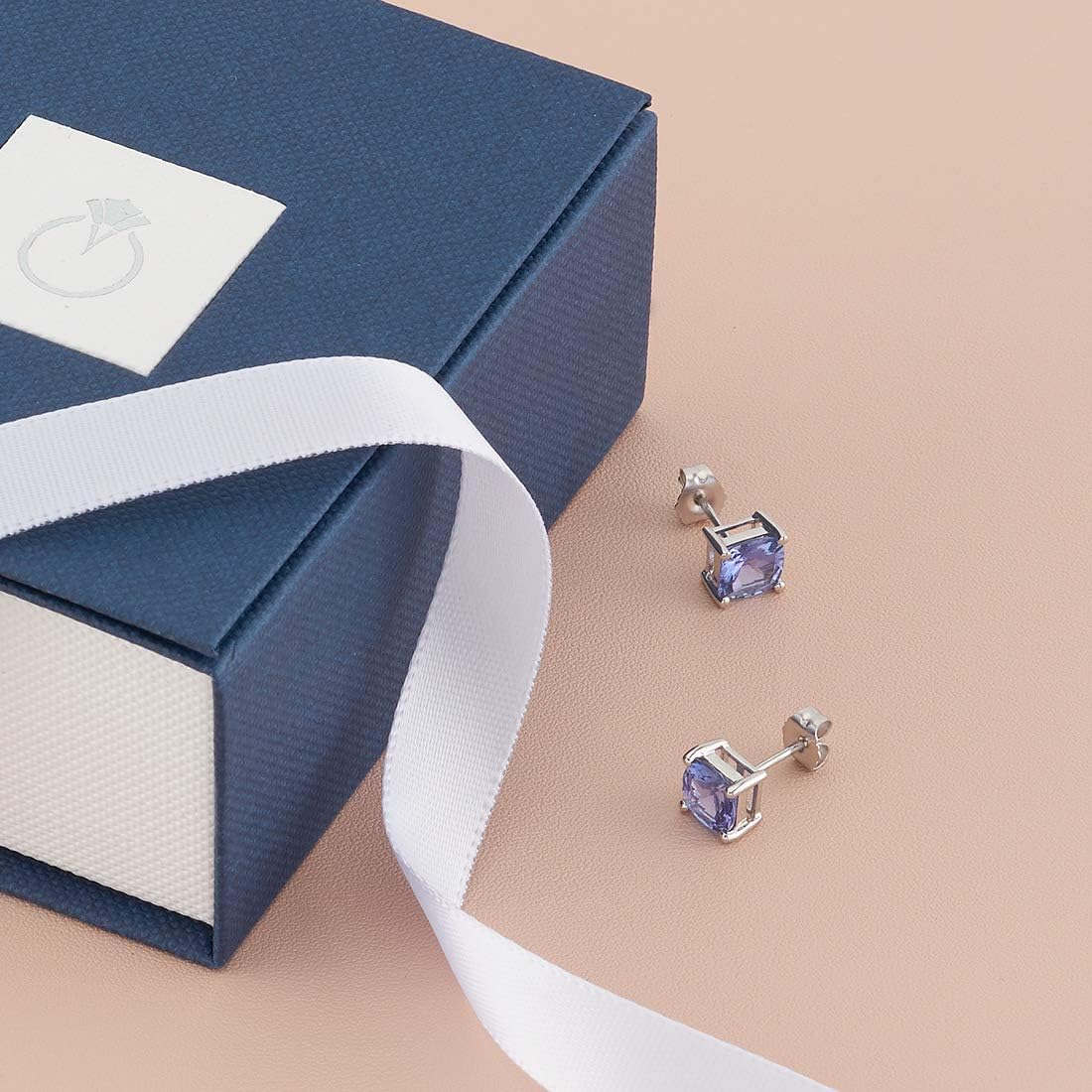 Peora 14K White Gold Tanzanite Stud Earrings for Women, Genuine Gemstone, Hypoallergenic, AAA Grade, Cushion Cut 6mm, 2 Carats total, Friction Back, Dainty Studs
