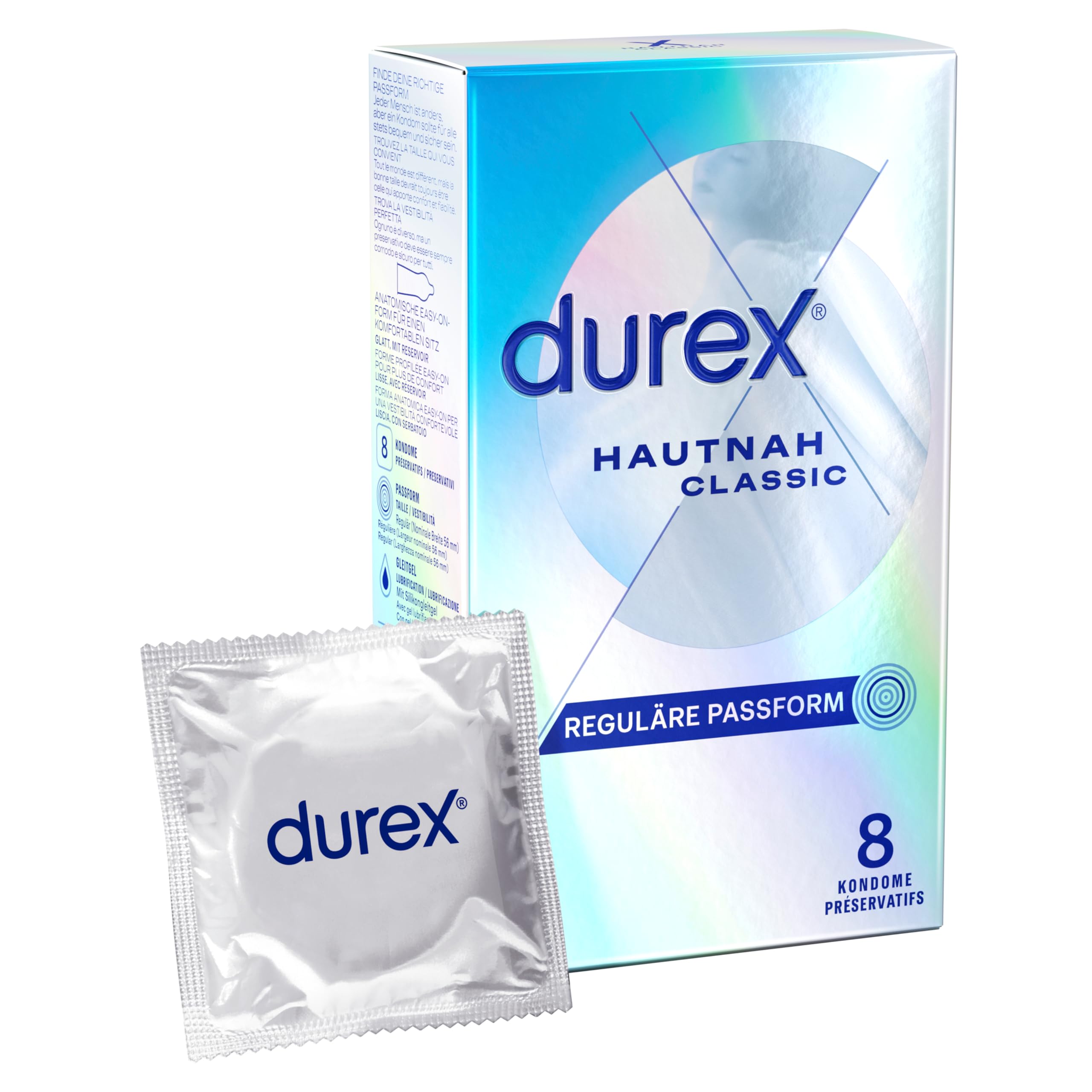 Durex Hautnah Classic Kondome – Ultra dünn, mit anatomischer Easy-On-Form & mit Silikongleitgel befeuchtet – 8er Pack (1 x 8 Stück)