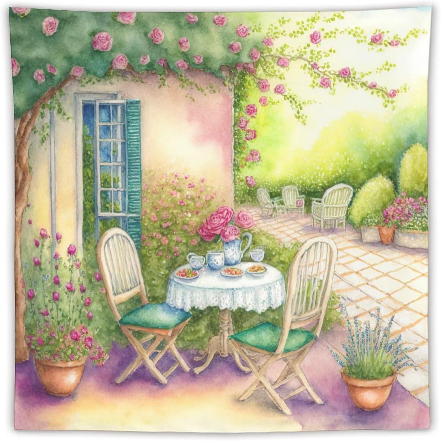 Tapestry for Wall Decor Aesthetic, Watercolor Italian Garden Painting Room Decor for Teen Girls, Funny Tapestries Flag, Bohemian Wall Hanging, 60"x60"