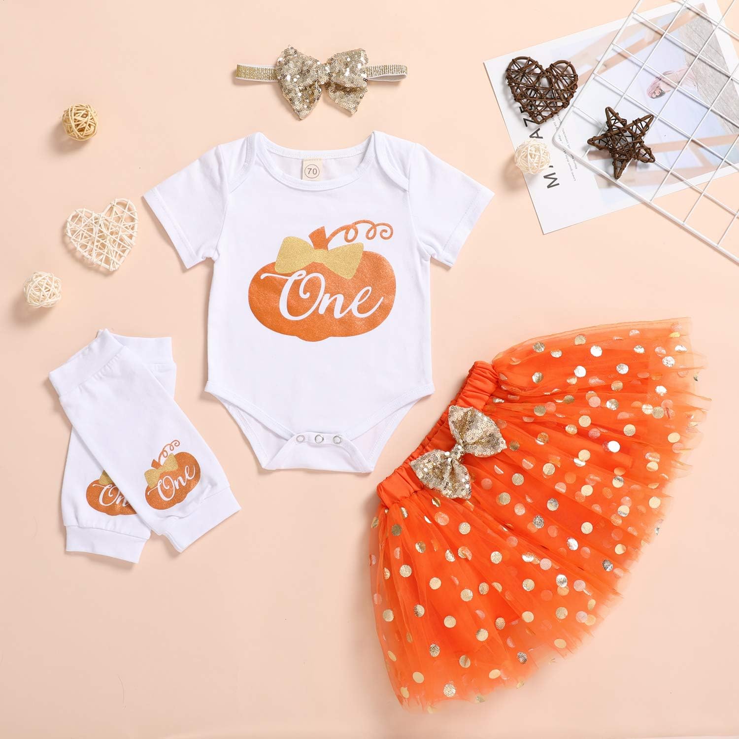 Baby Girl 1st Birthday Pumpkin Outfits Ruffle Sleeve Romper Tulle Tutu Skirt Headband Leg Warmers Halloween Clothes Set: Clothing, Shoes & Jewelry