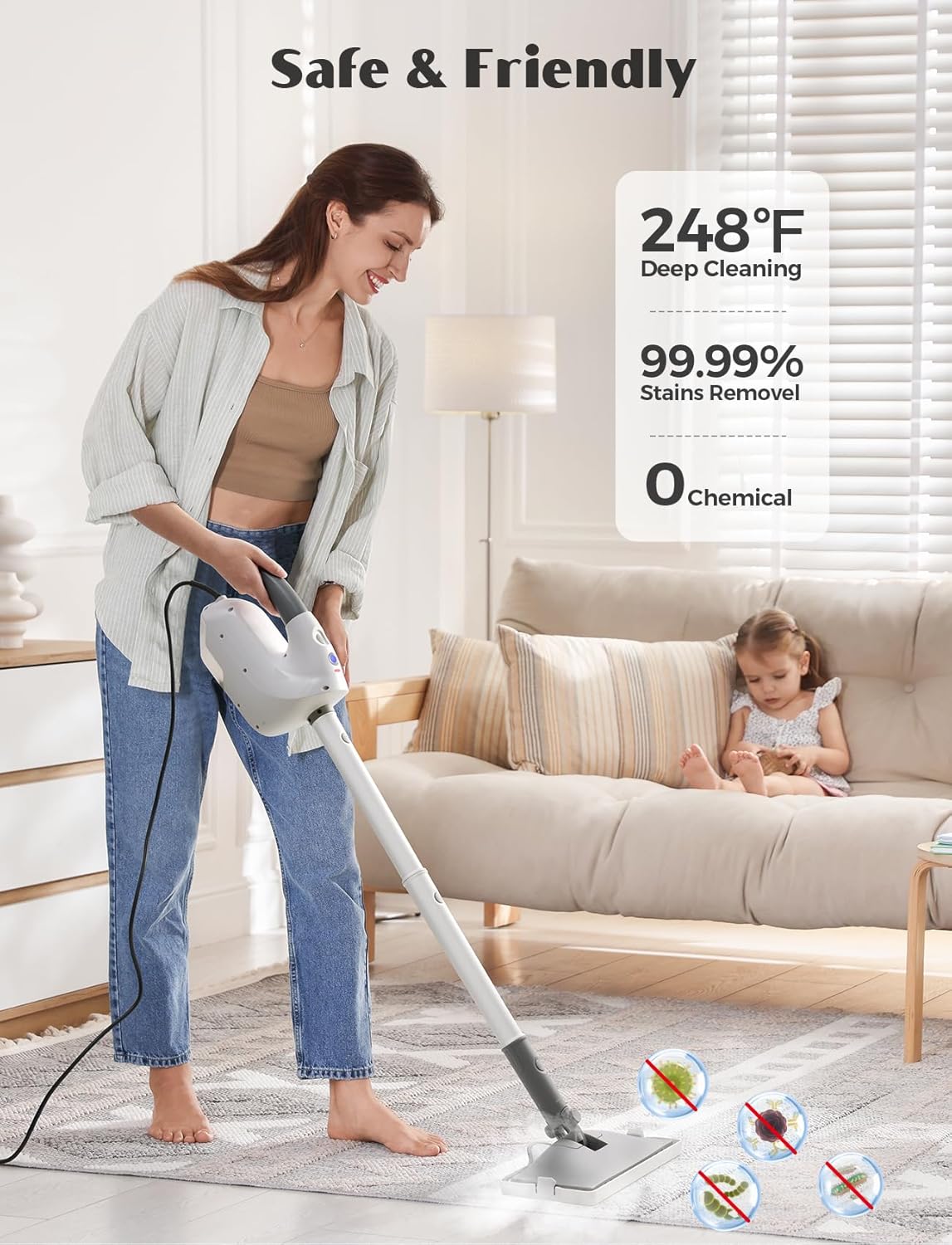 10-in-1 Steam Mop with Detachable Handheld Steamer, Multi & Up Steam Cleaner for Home with 350ml Tank, 10s Heat-Up, 2-Level Control, Lightweight and Multi-Surface Steamer for Floors, Carpets, Tiles