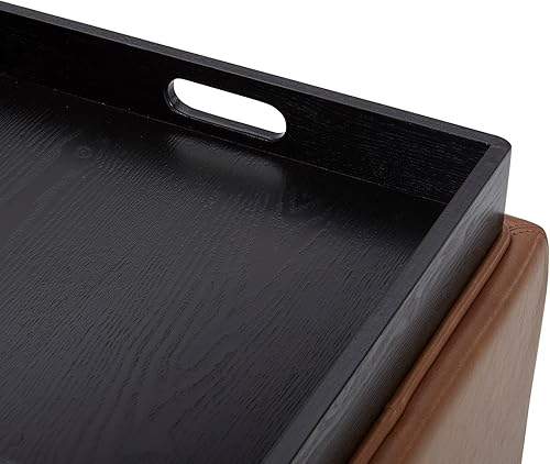 Miniatura 8 de CHITA Cubo otomano de almacenamiento con bandeja, reposapiés taburete asiento sirve como mesa auxiliar, piel sintética en color marrón