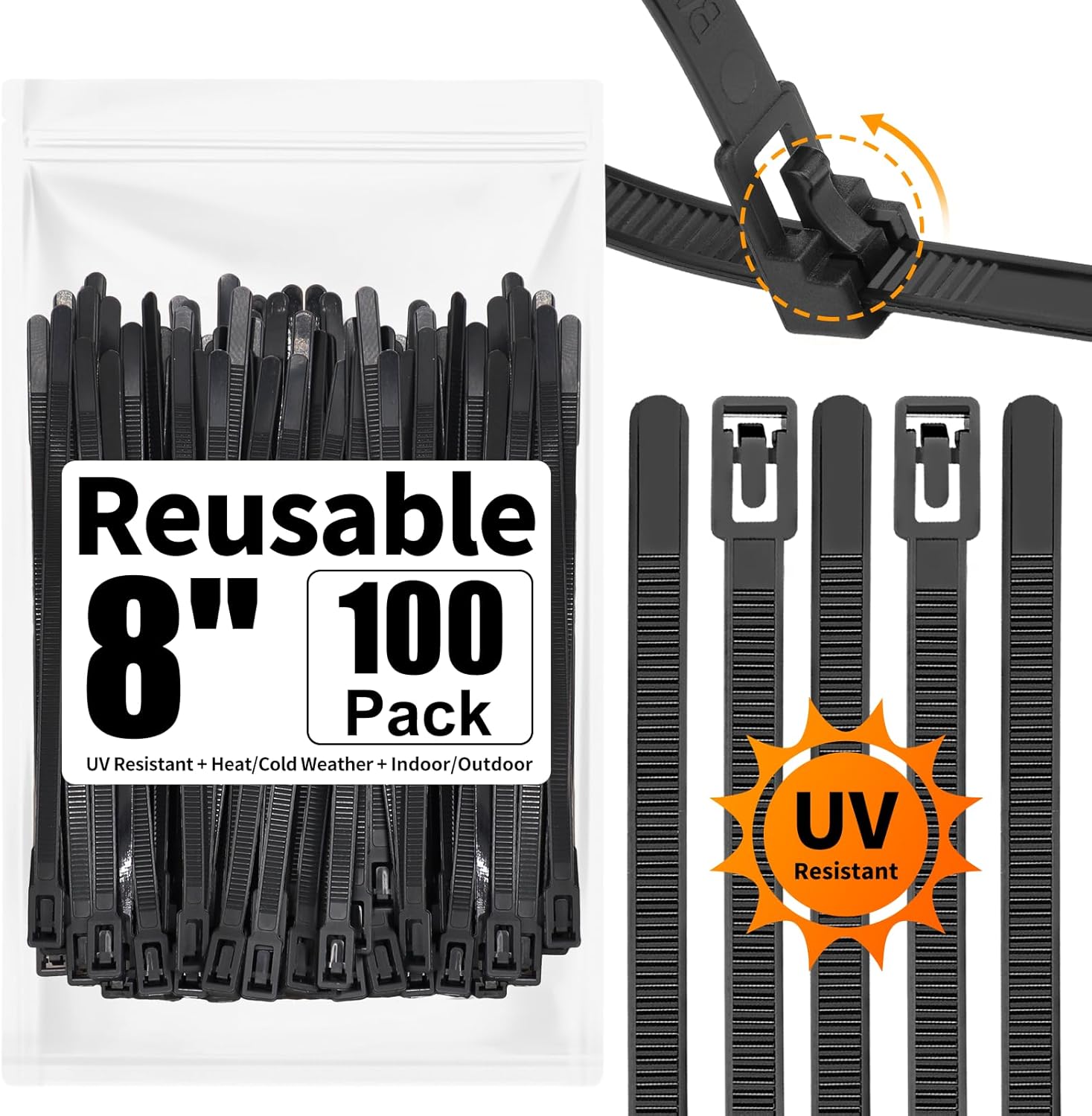 SOOOEC 200 Pack Reusable Zip Ties Assorted Sizes 6+8+10+12 inch UV Resistant, Black Zip Ties Heavy Duty Outdoor Releasable Round Ending No Hurt, Cable Ties Reusable Tie Wraps Indoor Non Slip Off