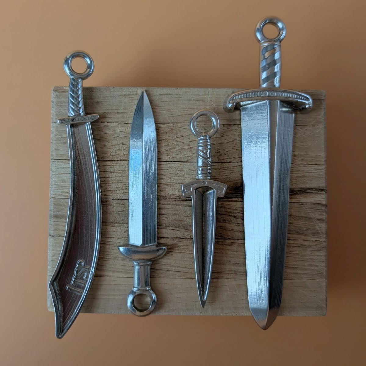 Roosfoos Sword Measuring Spoons Set of 4, Pewter, Medieval Blade Designs - Broadsword, Scimitar, Gladius, Dagger, Handcrafted in USA