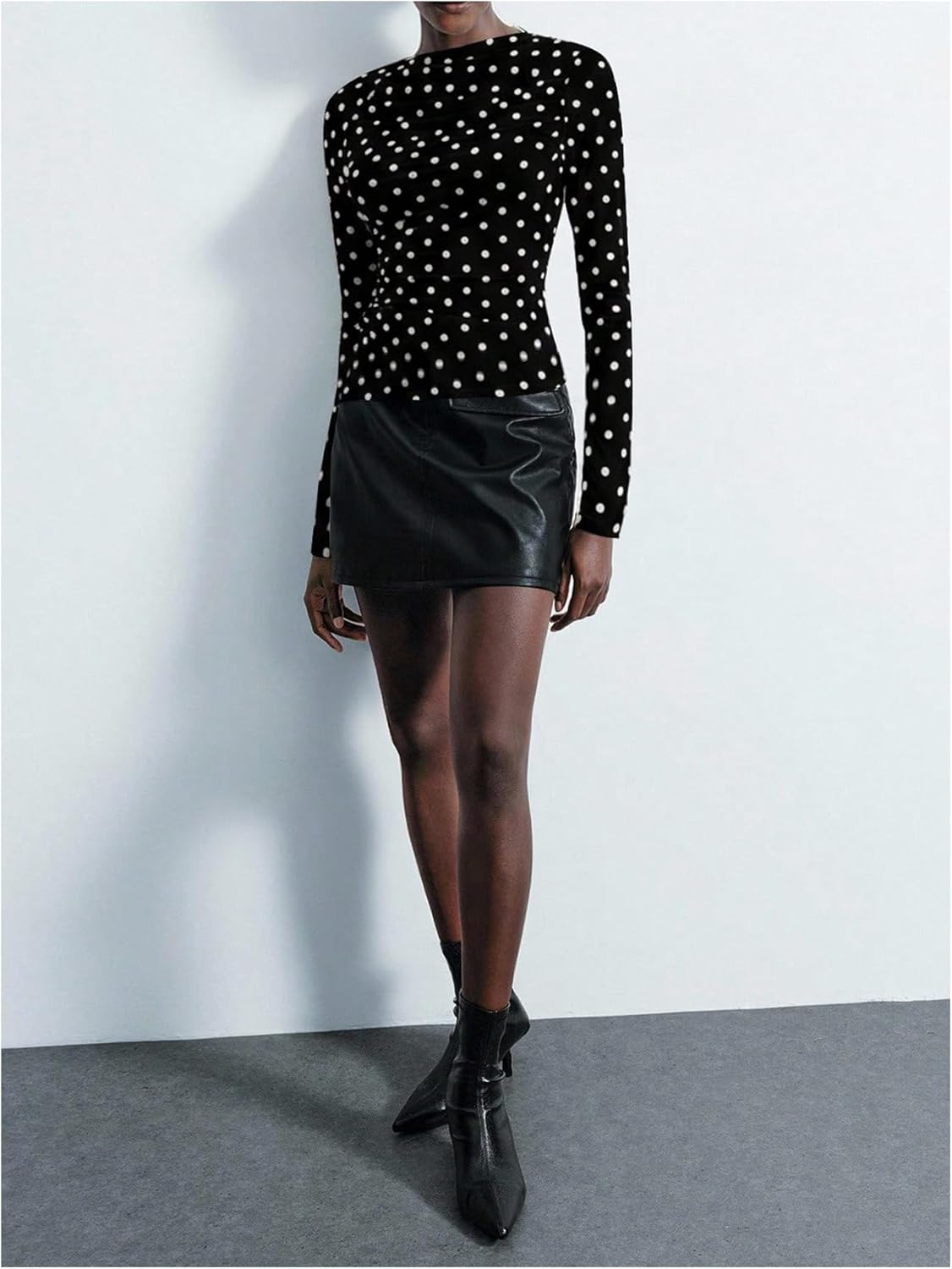 Milumia Women's Polka Dots Ruched Mesh Top Y2k Boat Neck Long Sleeve Going Out Tee Tops - Image 5