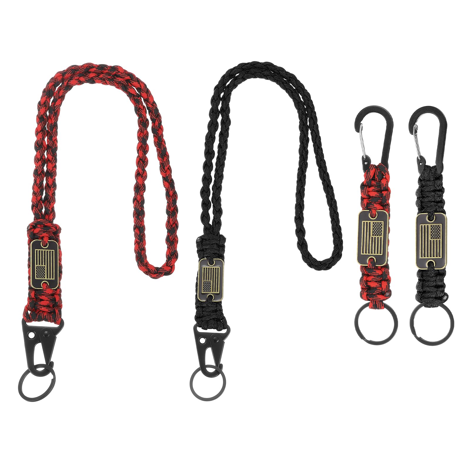YELARXI Paracord Keychain Carabiners Clip, Heavy Duty Lanyard 4Pcs & 21.7/6" & Black/Black Red Camouflage - Fitting for (Outdoor Activity Survival/Keys Whistle/Key, Backpacks/Water Bottle)