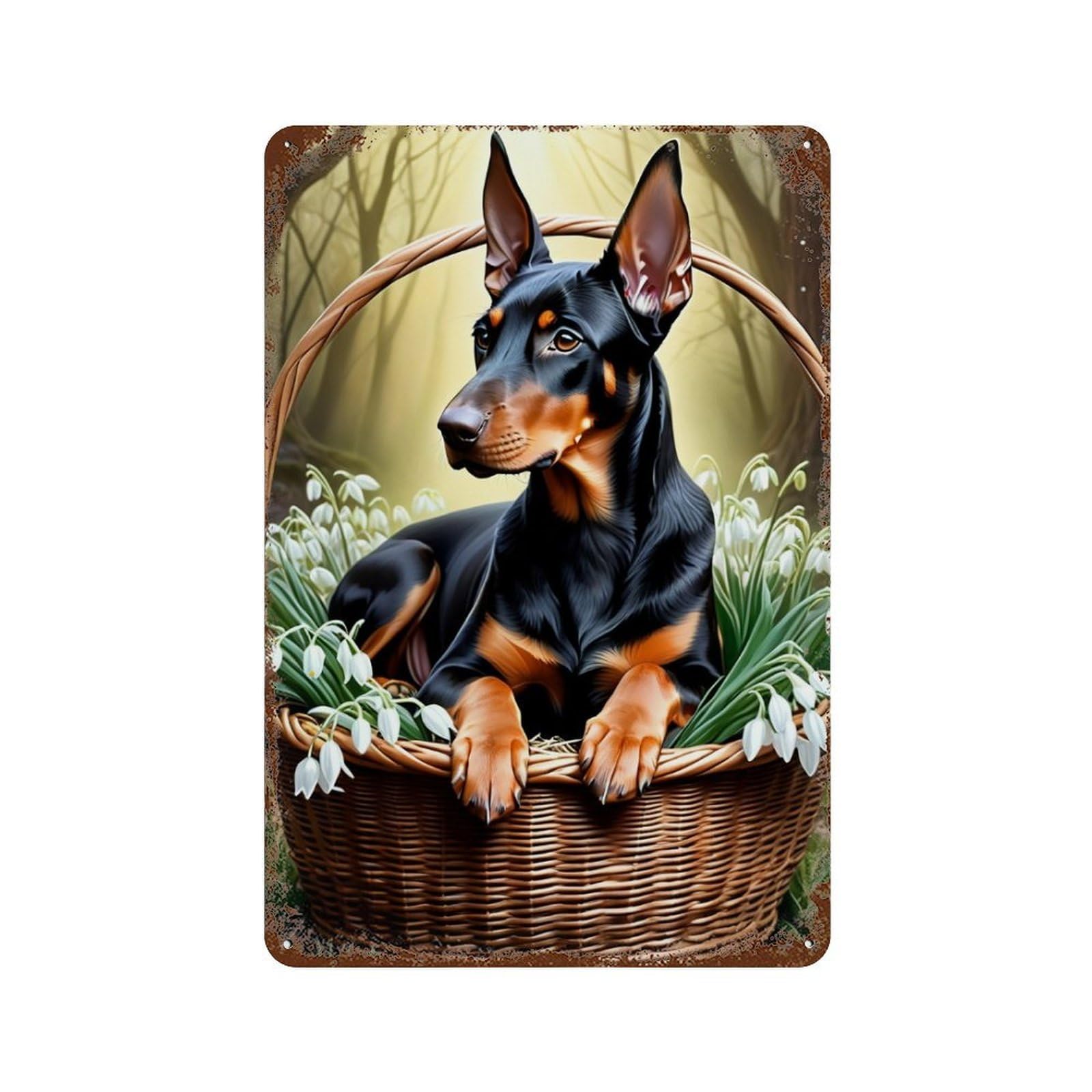 Doberman in Basket with Flowers Decorative Tin Sign 11.8"x7.9", for Bistro, Counter And Cafe Decor, Novelty Wall Decor
