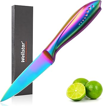Rainbow Paring Knife 3.5 Inch WELLSTAR, Super Sharp Fine Edge Fruit Peeling Knife with German Stainless Steel Forged Blade and Beautiful Titanium Coating Small Ergonomic Handle Kitchen Cutting Knife