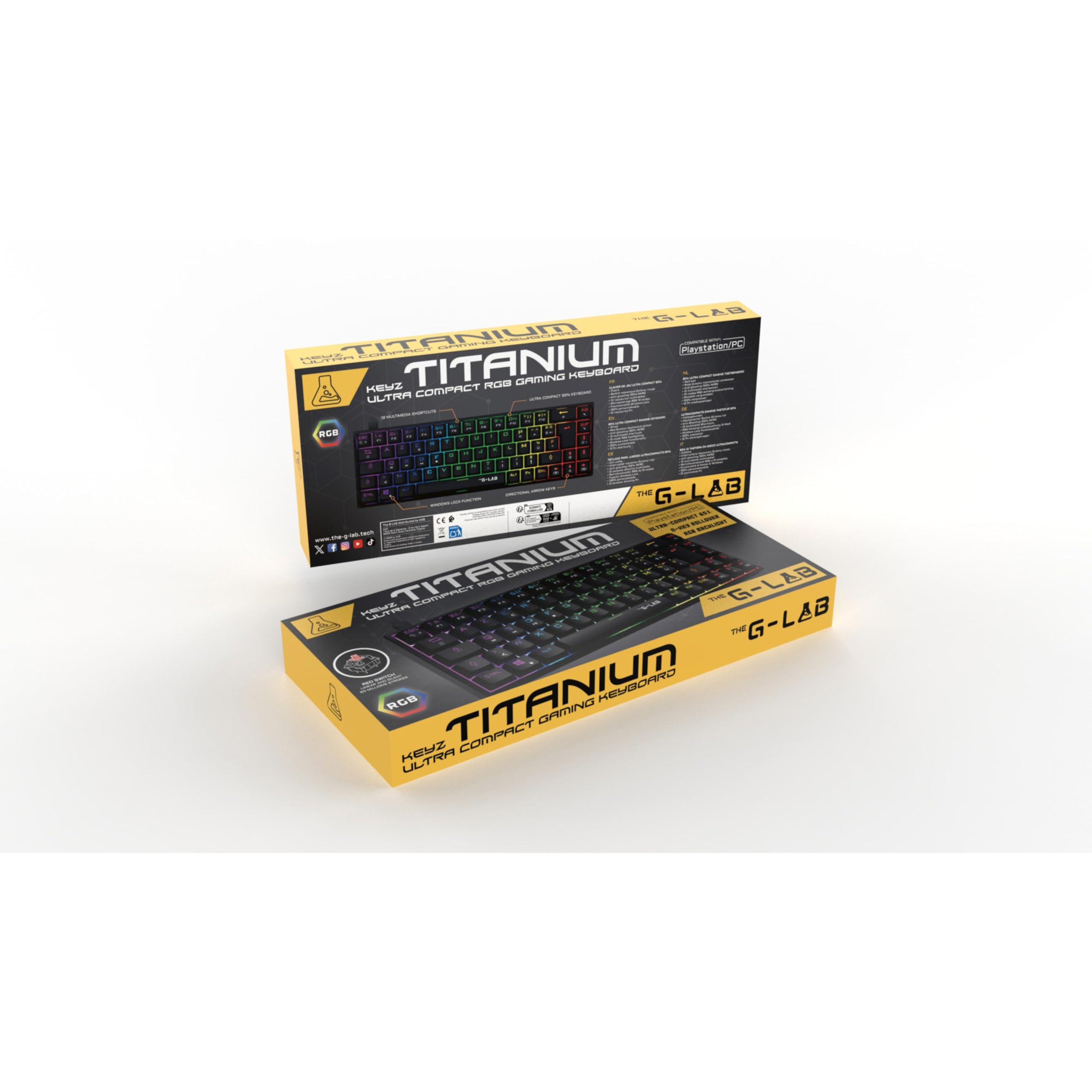 The G-Lab - Keyz Titanium - Clavier Gaming 65% AZERTY, USB - Clavier Mecanique Switch Rouge - RGB 100% Personnalisable, Anti-Ghosting, Macros programmables - pour PC, PS4, PS5, Xbox - New (Noir)