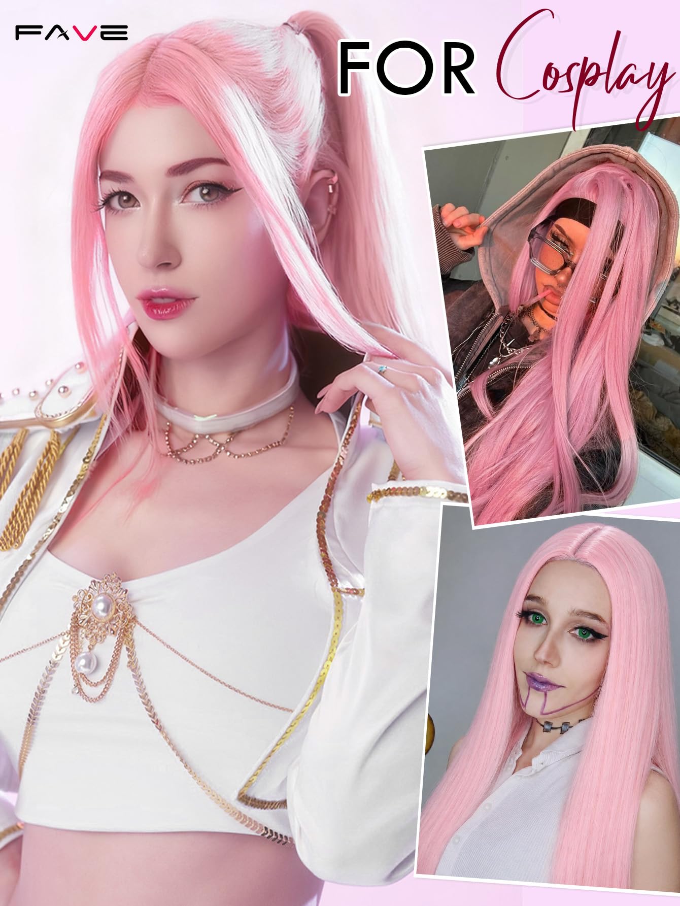 FAVE 65 cm Hellrosa Perücke, Hitzebeständige Synthetik-Perücke für Damen mit Mittelscheitel, Natürlich Aussehende Lange Perücke für Party, Alltag & Cosplay