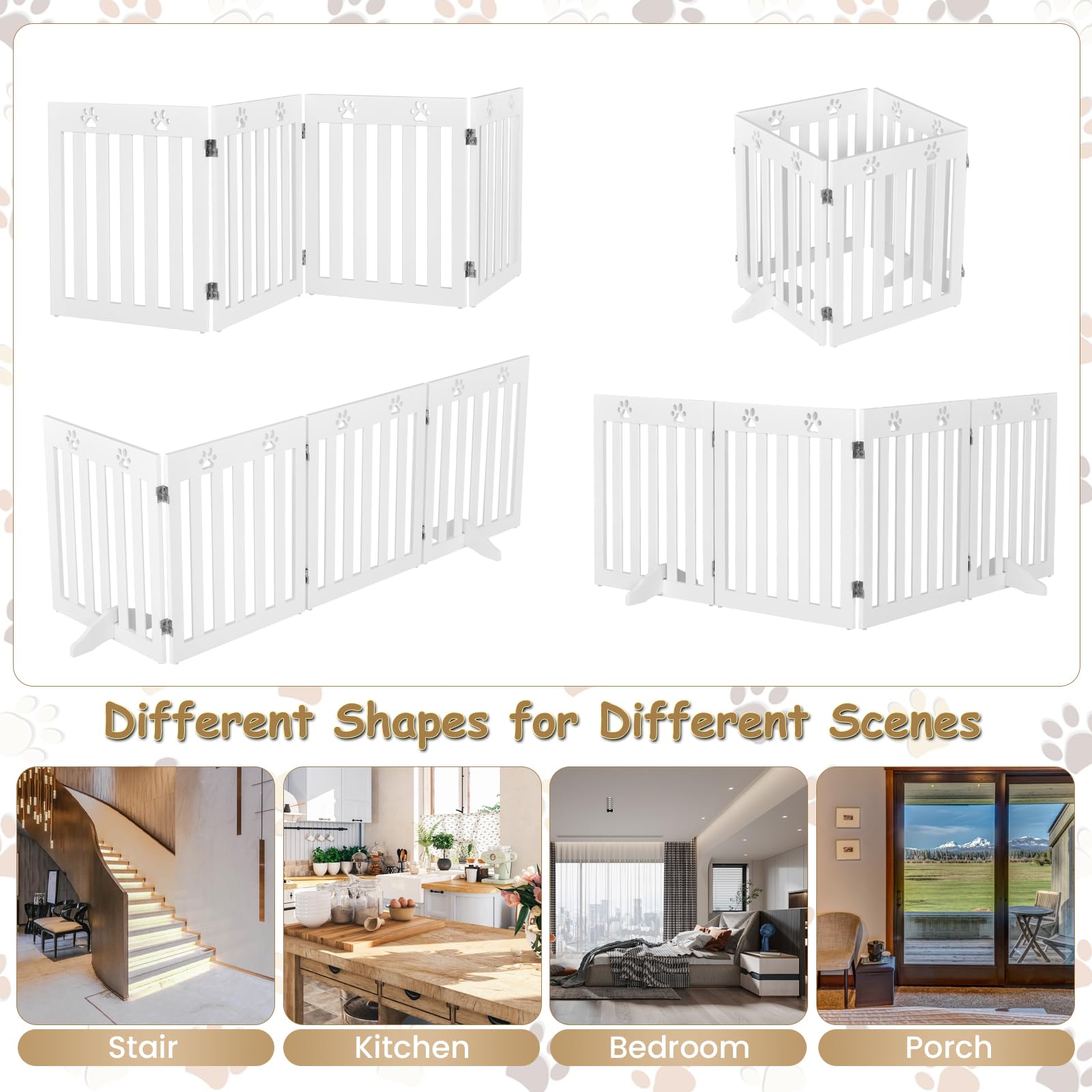 SOARS Cancelletto per Cani Pieghevoli 204 x 60 cm, Barriera per Cani in Legno a 4 Pannelli con Piedini Stabili, Recinzione per Scale, Ingressi e Corridoi (Bianco)