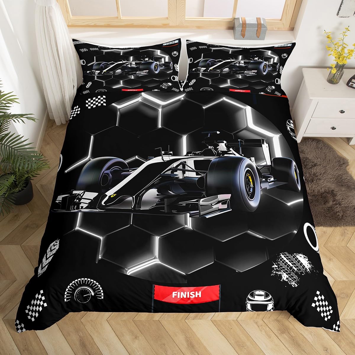 Sets de housses de couettes voitures de sport avec détails géométriques noirs et néon